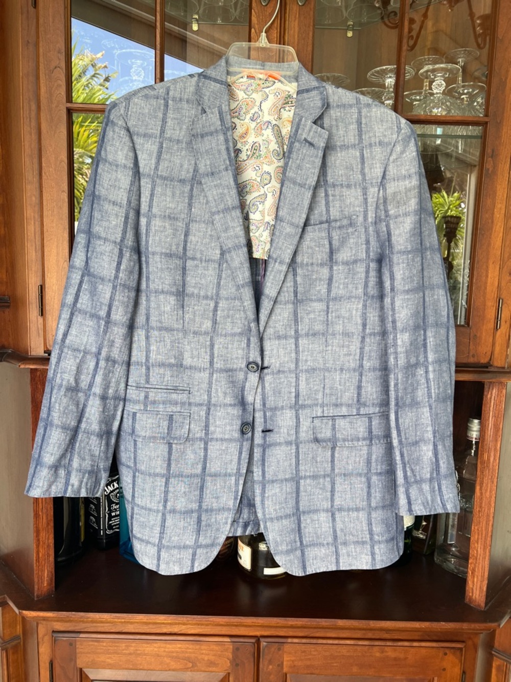 TALLIA Linen Light Blue Windowpane blazer jacket with Paisley Lining